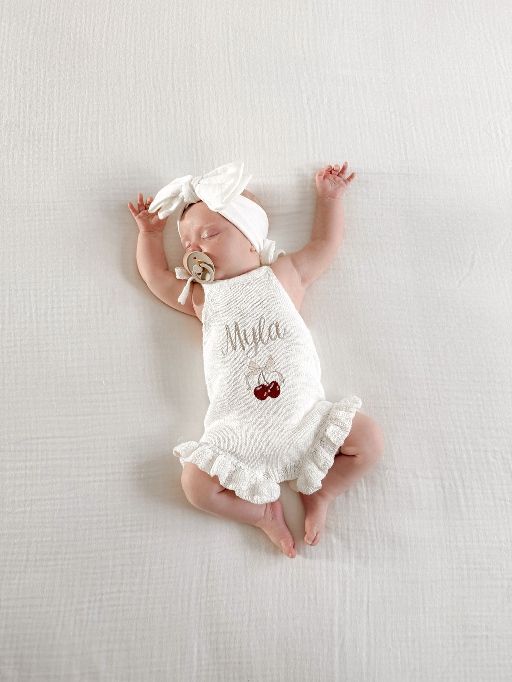 Tie shoulder romper | white textured